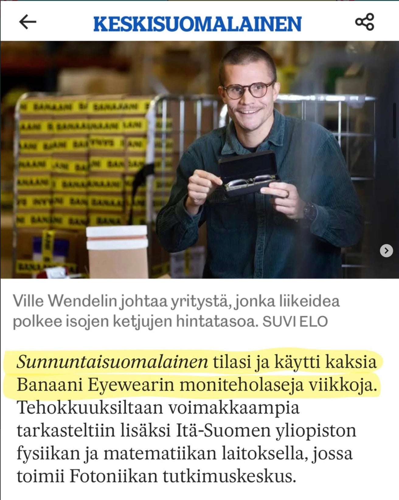 Keskisuomalainen: Die finnische Zeitung Sunnuntaisuomalainen hat Gleitsichtbrillen von Banaani Eyewear getestet